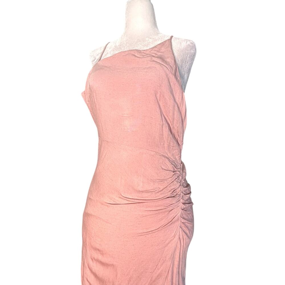 Anthropologie Ruched Asymmetrical Dress Pink Linen Blend Slip Maxi Dress Size 0P - Picture 4 of 12